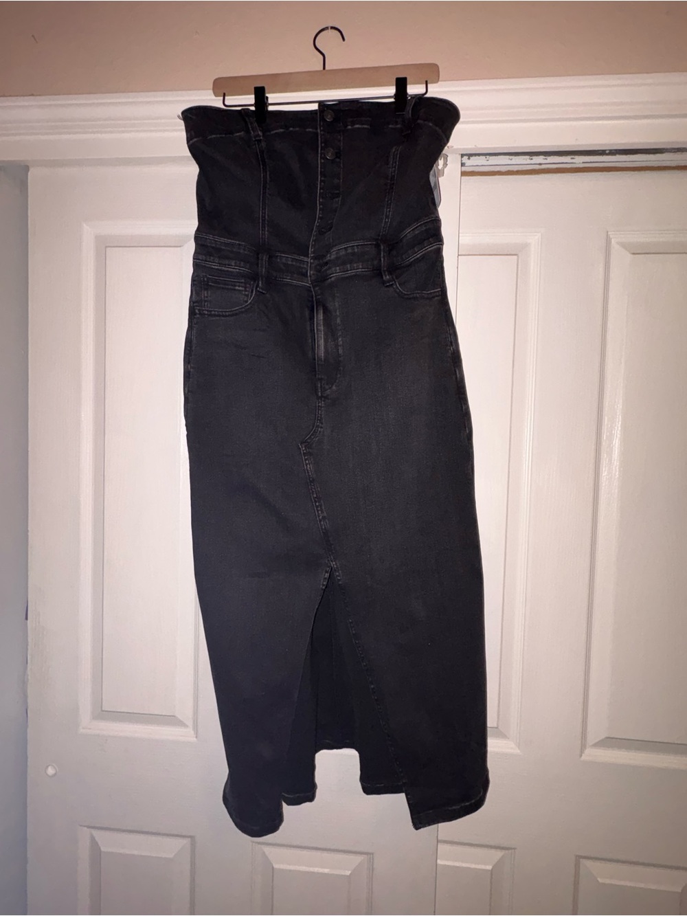 American Eagle Strapless Black Denim Midi Dress with Front Slit - Picture 3 of 8